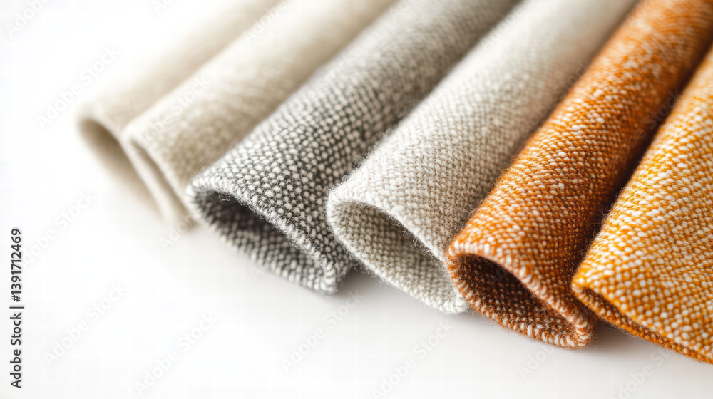 Aufkleber textile swatches in row: showcase a range of textured textile swatches in an array of neutral tones,