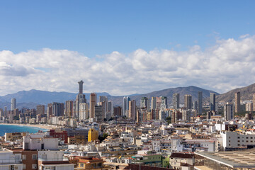 Aerial photo of the Spanish town of Benidorm in Spain showing the old town of the city with the...