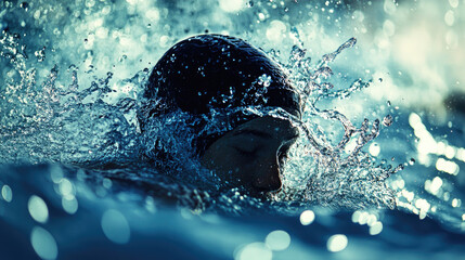 Male athlete swimming freestyle in a professional pool with intense focus, powerful strokes, and splashing water, competing in a high-stakes race that highlights athletic strength and determination