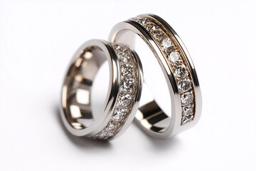 Elegant matching wedding rings featuring diamond accents in a close-up display highlighting their shine and craftsmanship