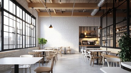 Modern cafe interior with large windows