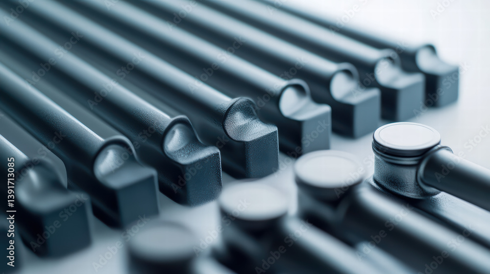 Poster Metallic Hardware Components: Rows of shiny, metallic hardware components arranged in an abstract and symmetrical pattern, creating a visual feast of shapes and textures. The smooth.