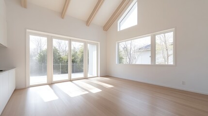 Fototapeta premium Bright Room Large Windows Minimalist Style High-resolution Natural Light Wide Angle View Light Wood Flooring Empty Interior Design Neutral Whites Ideal for Real Estate Listings