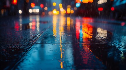 City street reflections during a rain storm with blurred lights and wet pavement surface view