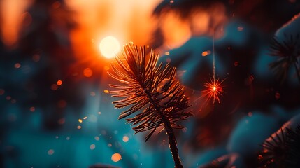 Golden sunlight illuminates a pine needle branch in a blurry backdrop