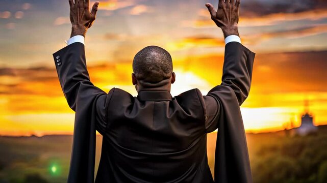 African American Priest raising hands in worship in front of the people in sunset outside, church and cross blurred on the background. A concept of ministers of God and religion