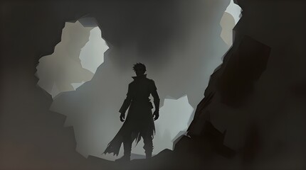 Fototapeta premium Strong moody style. Complementary epic colors. Misty, atmospheric, rough, dynamic digital sketch. Person surrounded by large, looming shadows. Rich textures, atmospheric details, evoking a fantasy 