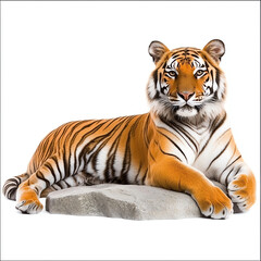 Obraz premium A majestic tiger lounging on a rock, showcasing its vibrant orange and black stripes against a white background.