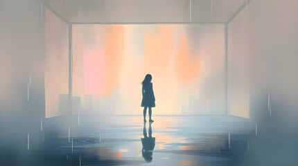 Ethereal digital sketch, iridescent colors, wet rainy scene, misty atmosphere, loose painterly strokes, silhouette in empty room, distorted by sound waves, iridescent reflections, light aura, mystical