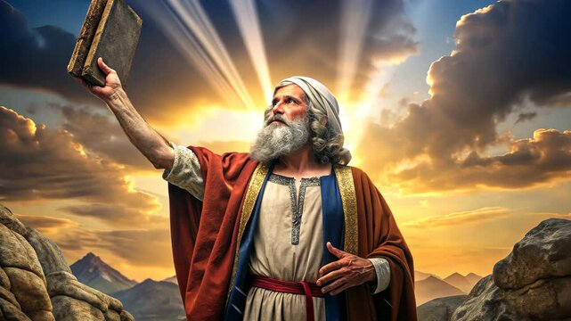 Prophet Moses holds the tablets with the ten commandments on sunset background