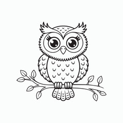 Fototapeta premium Cute Cartoon Owl on a Branch – Black and White Line Drawing, Child-Friendly Coloring Page vector art. International Children's Book Day.