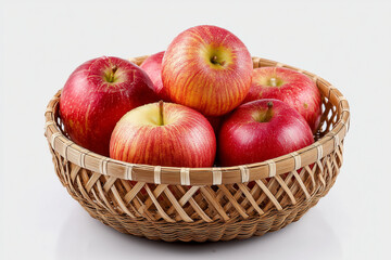 Freshly picked red apples in a woven basket on a white background
