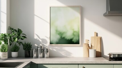 Modern kitchen room Poster mockup in wooden luxury frame