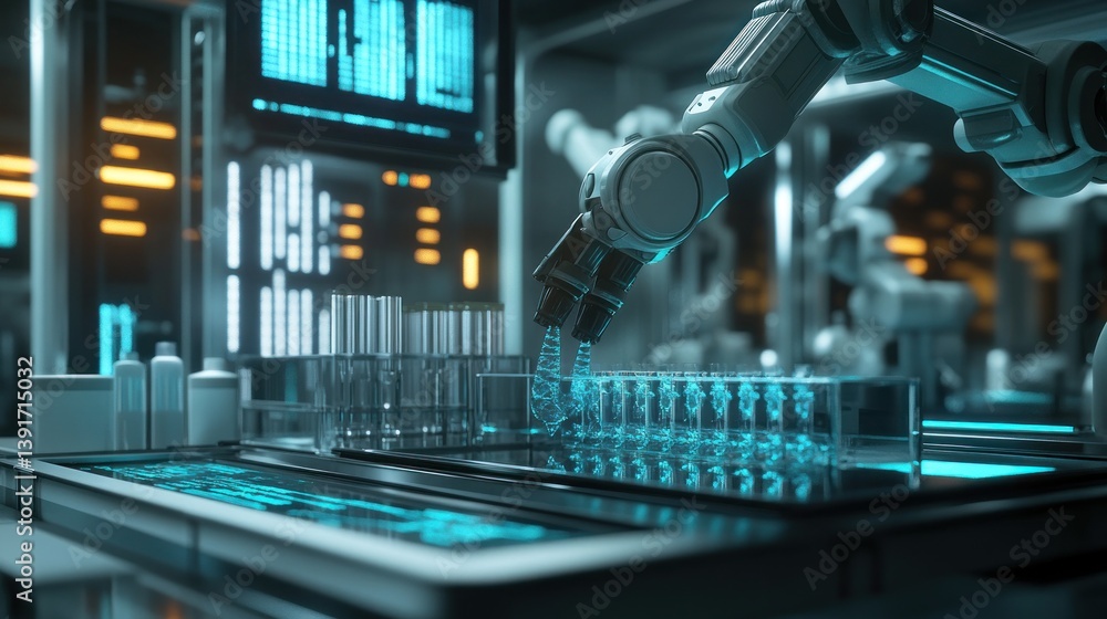 Poster robotic arm in lab handling test tubes