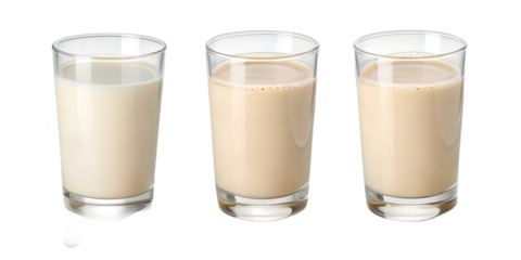 Milk Variety Trio: Three glasses showcase a spectrum of milk, each with its unique hue and texture. This image highlights diversity in a refreshing and clean presentation.