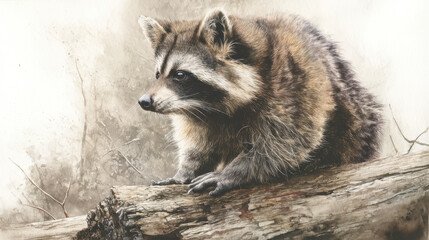 Obraz premium raccoon sits gracefully on log, showcasing its beautiful fur and curious expression in stunning watercolor style. soft background enhances natural beauty of this charming creature