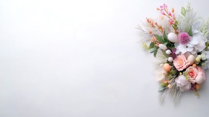 Fototapeta premium A delicate bouquet of pastel flowers arranged on a soft white background, featuring roses, hydrangeas, and eucalyptus, and elegant floral composition.