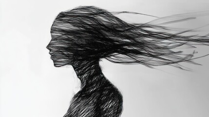 Fototapeta premium Windswept Woman Sketch, Abstract Profile, White Background