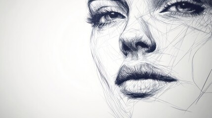 Obraz premium Pen-sketch portrait, woman's face, close-up, light background