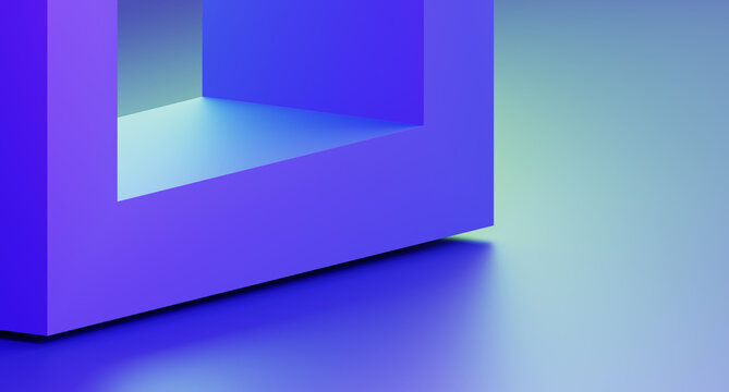 Abstract blue 3d background with square frame in turquoise light. Futuristic architecture design. Render digital graphic tech banner. Minimal geometric wallpaper with purple gradient. 3D illustration