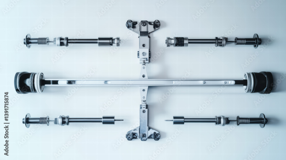 Poster precision engineering: an overhead shot showcases meticulously arranged metal components, emphasizin