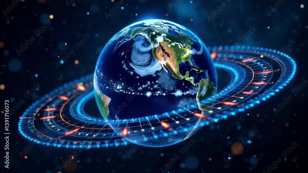 Poster a stunning view of earth spinning gracefully in a cosmic space filled with glowing rings and swirlin