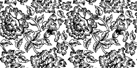 Obraz premium Seamless vintage floral pattern with hand-drawn roses. Elegant botanical engraving perfect for textiles, wallpaper, wrapping paper, and decorative design. Vector illustration