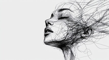 Serene woman's face, sketched lines, white background