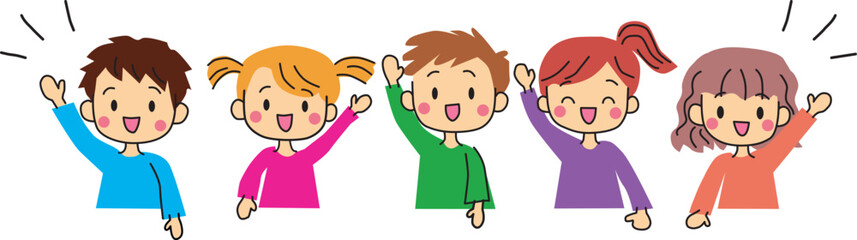 Illustration of cute kids raising hands. Colorful, simple, flat. Vector illustration