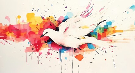 Naklejka premium Dove Flying Watercolor Illustration with Colorful Splashes Artistic Design