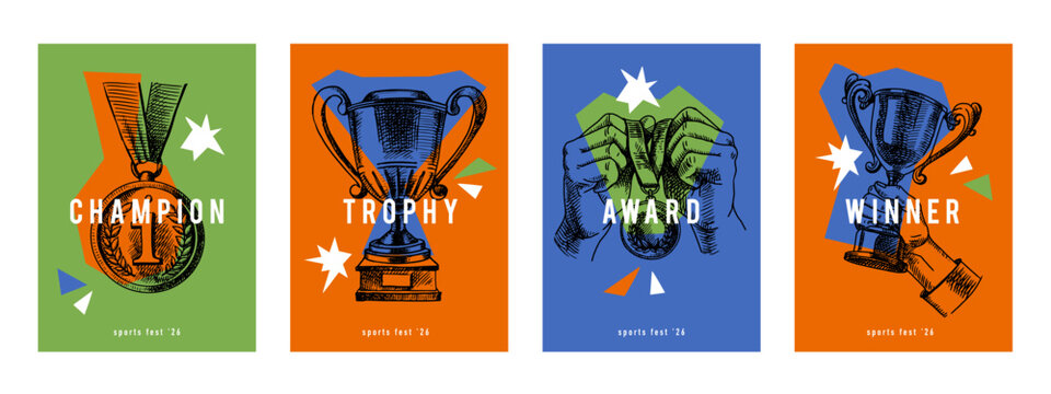 Banners with sport trophies, medals, and cups hand drawn in vintage sketch style. Celebration of athletic victory, motivation, and team spirit. Vector illustration