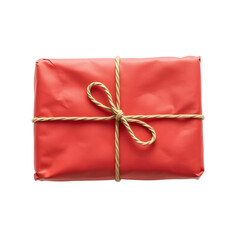 Top view of a parcel wrapped in red paper and isolated on white