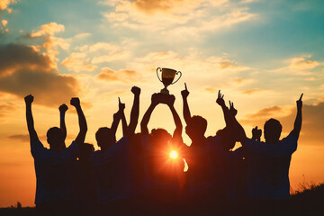 Victorious team celebrates a championship win at sunset, symbolizing unity, effort, and shared triumph. 