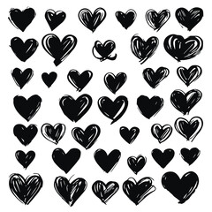 Large set of ink hearts isolated on white background