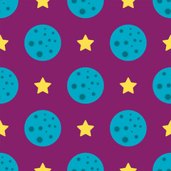 Seamless pattern with vector cartoon moon and star