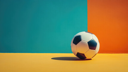 Black and white soccer ball resting on bright yellow surface with contrasting turquoise and orange backgrounds
