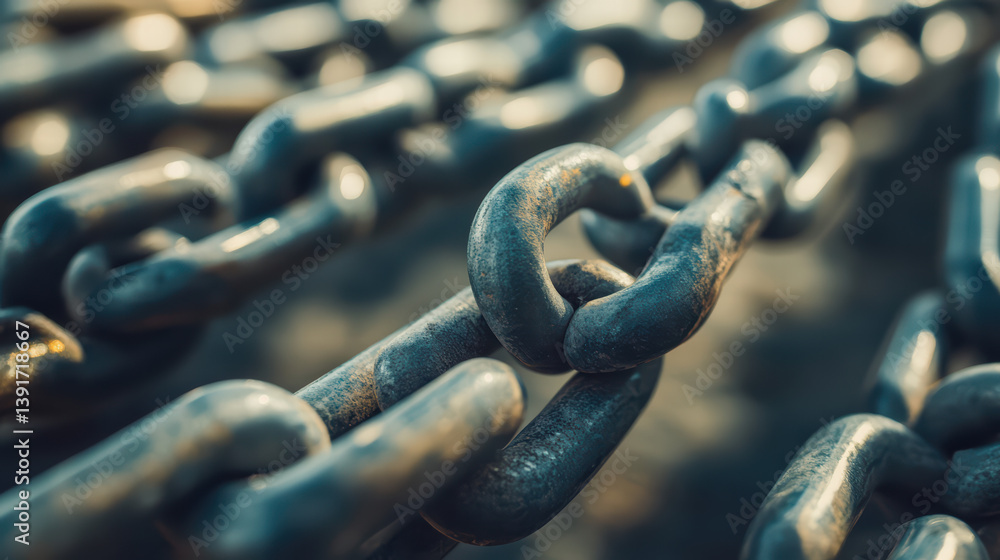 Poster interlinked strength: a macro perspective reveals a robust chain with intricate links, symbolizing s