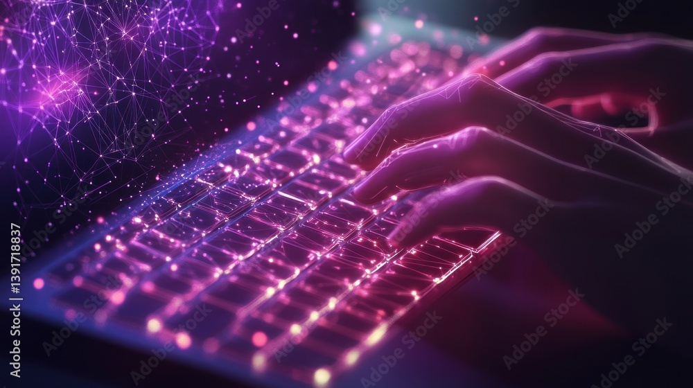 Poster hands typing on illuminated keyboard, abstract network overlay