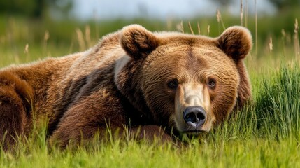 Grizzly bear resting in tall grass