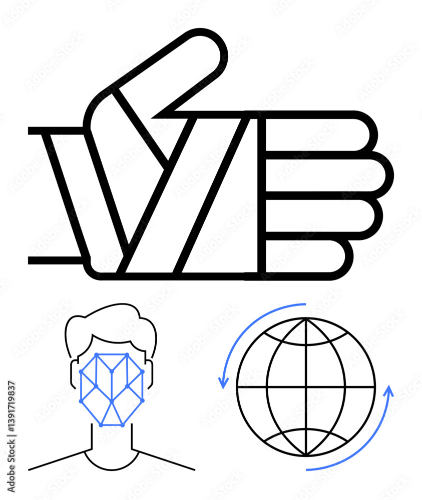 Poster thumbs-up hand gesture, digital face recognition grid, globe with rotating arrows. ideal for themes 