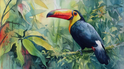 vibrant watercolor painting of toucan perched on branch surrounded by lush green foliage. colorful beak and detailed feathers create lively scene that captures beauty of nature