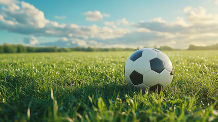 Fototapeta premium Black and white soccer ball lying on fresh green grass. Minimalist sport background for football-related designs, banners, and flyers with copy space.