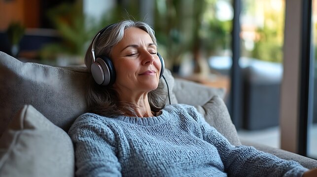 a senior woman at home listening to music through headphones while sitting on a soft sofa representing peaceful relaxation cozy lifestyle and comfort indoors