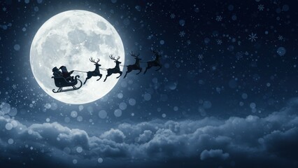 Santa's sleigh flying in front of a large moon in the night sky.