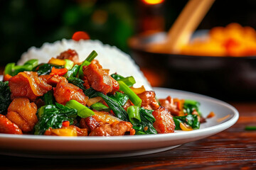 Delicious fried pork with scallions and spinach served with rice, showcasing vibrant colors and textures that evoke warm, inviting atmosphere