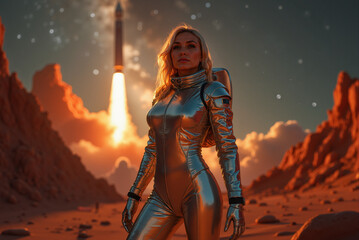 Obraz premium an astronaut is on alien planet, red desert landscape and rocks, the sky with planets and stars, future space exploration concept