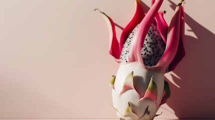 A vibrant dragon fruit opened against a soft pink background