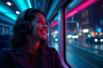 Obraz premium happy girl in headphones rides sky train, listens to music and looks at night city street in illumination and street lights