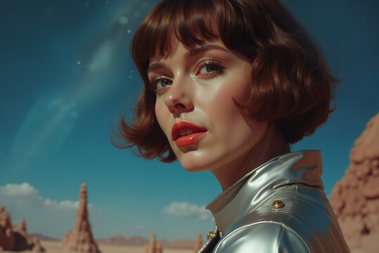 an astronaut is on alien planet, red desert landscape and rocks, retro futurism and space exploration concept