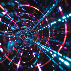 Fototapeta premium Neon light tunnel forms a glowing vortex of blue and magenta streaks moving rapidly through a dark digital space suitable for technology advertising graphics.
